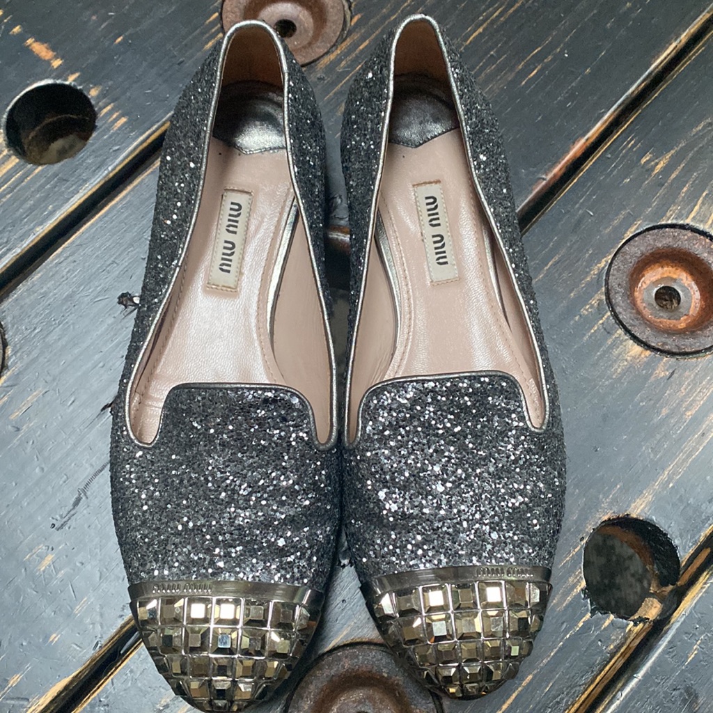 Miu Miu Glitter Loafers With Silver Studded Detail On Toe